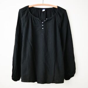 Old Navy Black Peasant Top Blouse Size Medium Minimalist Gauze Buttons